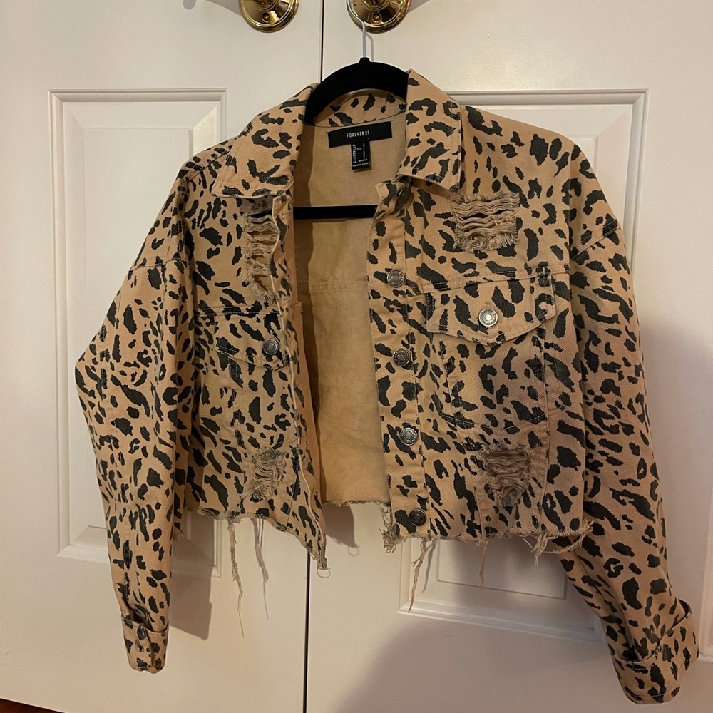 Forever 21 Distressed cheetah denim jacket